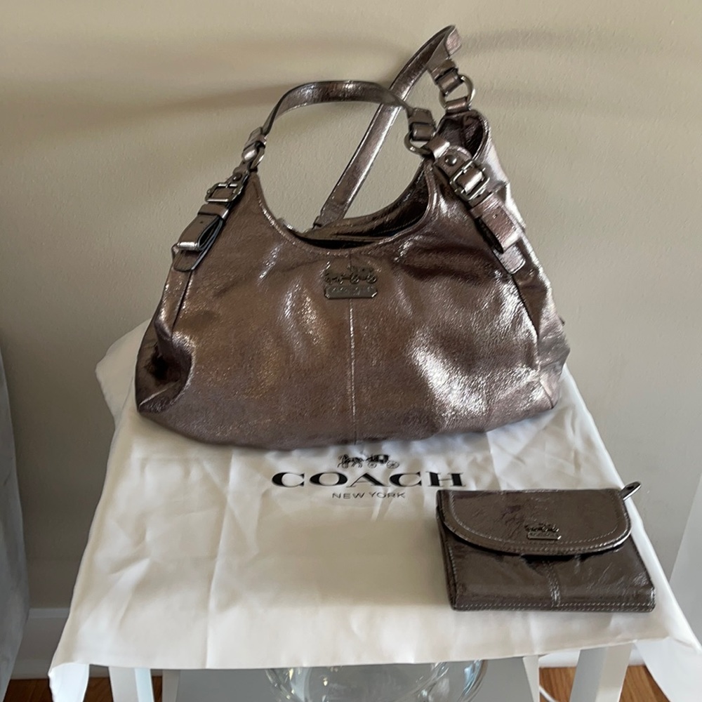 Maggie Gunmetal leather Coach Purse and Wallet